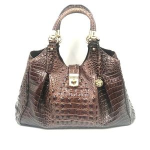 Brahmin Brown Satchel with Croc Texture and Dome Design